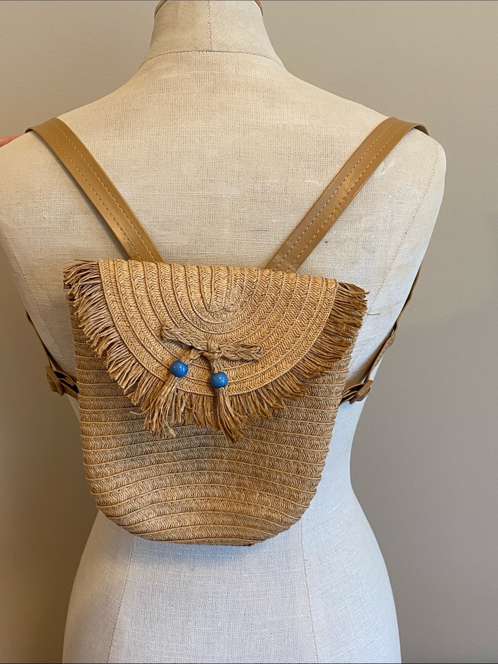 Woven Straw Mini Backpack in Natural with Blue Accent